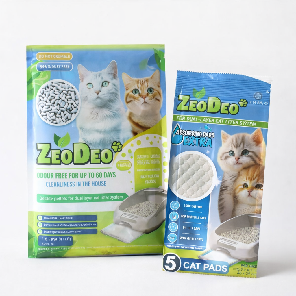 ZeoDeo Pack UNO 😻 Gránulos de zeolita natural 1.8 kg y Extra Pads absorbentes 5 uds (~1 mes)