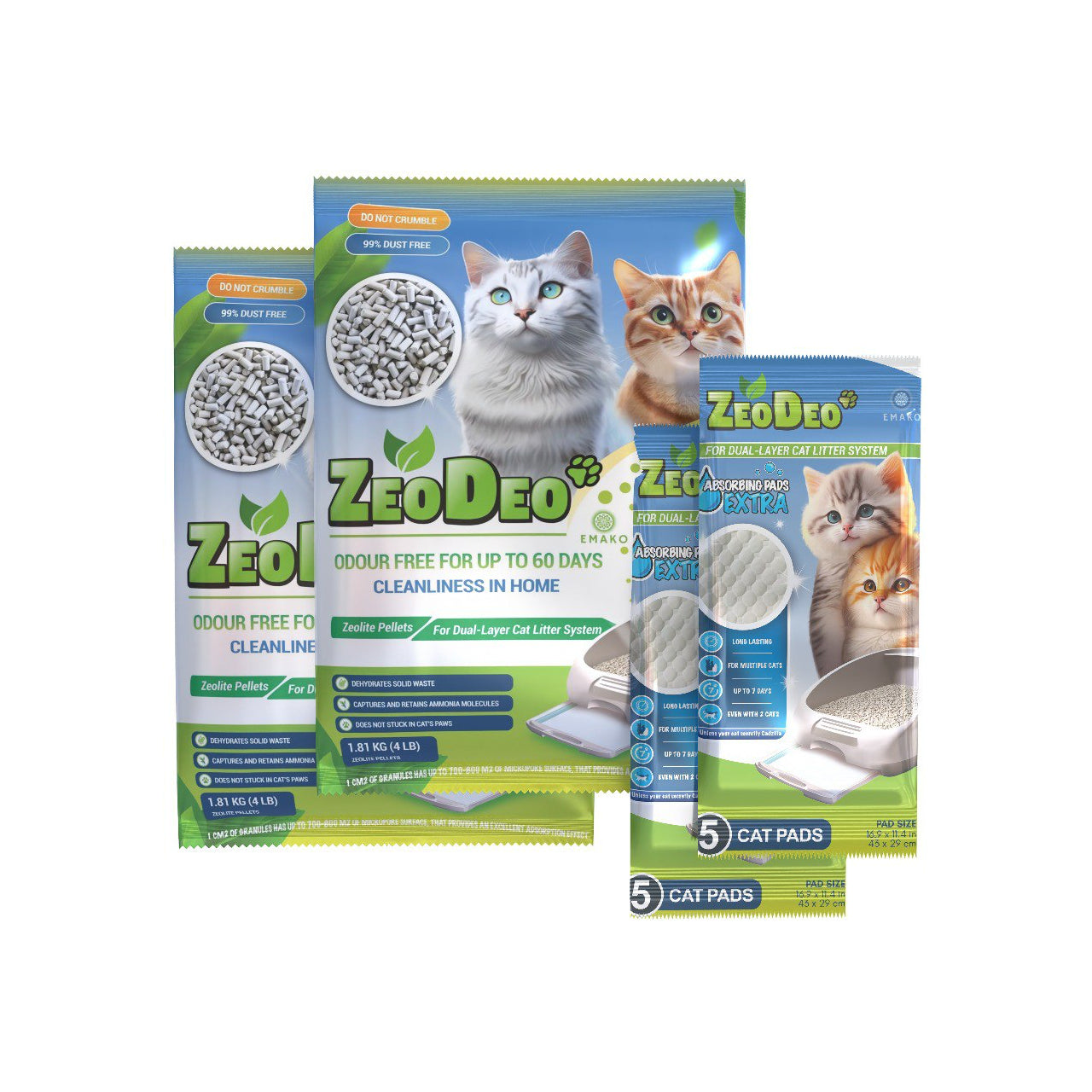 ZeoDeo Pack DOS 😻😻 Gránulos de zeolita natural 3.6 kg y Extra Pads absorbentes 10 uds (~2 meses)